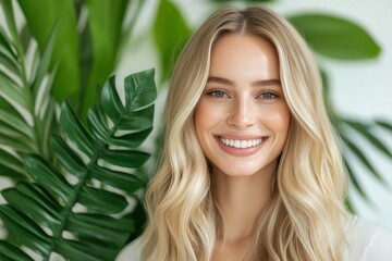 Naklejka premium Attractive model with clear skin and long blonde hair smiling against a white backdrop relates to skincare and hair care