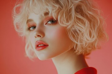Attractive short haired model stunning woman with blonde curls Fashion makeup and cosmetics
