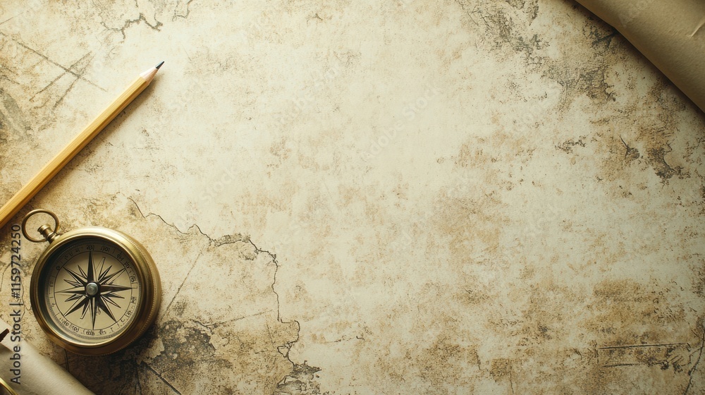Aufkleber vintage map and compass with pencil on textured background for creative mockup. generative ai