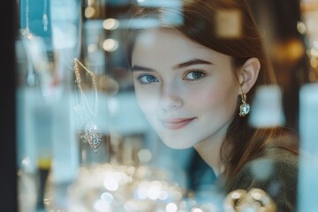 Attractive woman admires jewelry in a shop display smiling as she selects gold diamonds or gemstones