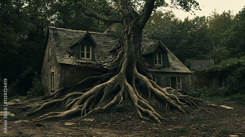 Poster a fallen tree with roots shaped like hands gripping the houses roof, as if it had reached up from th