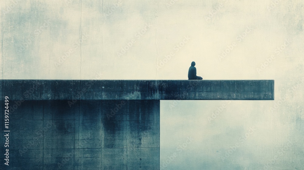 Poster lone figure reflecting on a foggy bridge at dawn, exploring the depths of solitude and contemplation