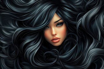 Fototapeta premium Attractive woman with long glossy black waves and curly hair