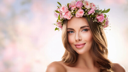 Fototapeta premium Retrato de una hermosa con sombrero de flores