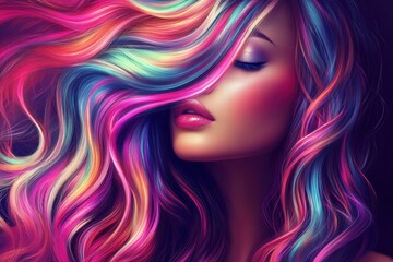 Attractive woman with long shiny waves and curly hair featuring coloring techniques like shatush and balayage
