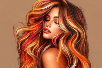 Attractive woman with long lustrous wavy hair featuring color techniques like shatush and balayage Glamorous model with curls