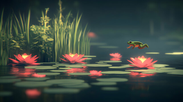 Serene night scene of a frog leaping over a tranquil pond adorned with luminous water lilies, evoking peace and tranquility.