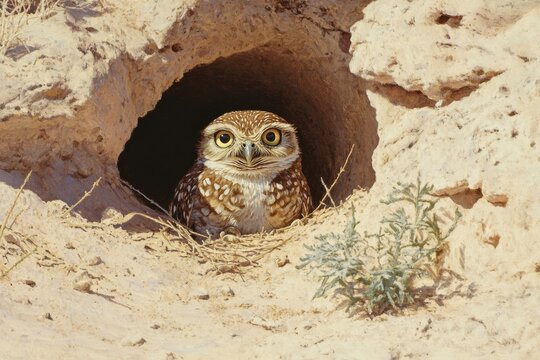 Curious burrowing owl in sandy desert landscape detailed feathers