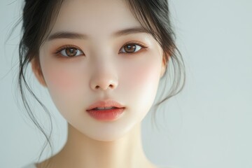 Naklejka premium Attractive young Asian female with clear skin on a white backdrop skincare cosmetology and spa portrait