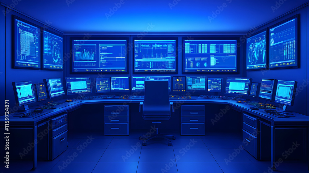 Poster high-tech control room with numerous computer screens displaying data, graphs, and world maps in a d