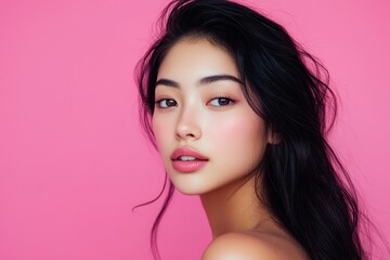 Naklejka premium Attractive young Asian woman with flawless skin on a pink backdrop highlighting skincare for ads