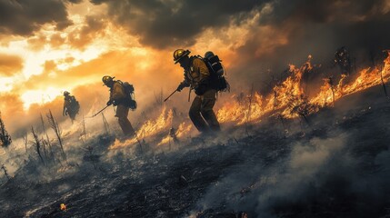 Wildfires rage across the land as brave firefighters combat the flames in a devastated forest under smoky skies