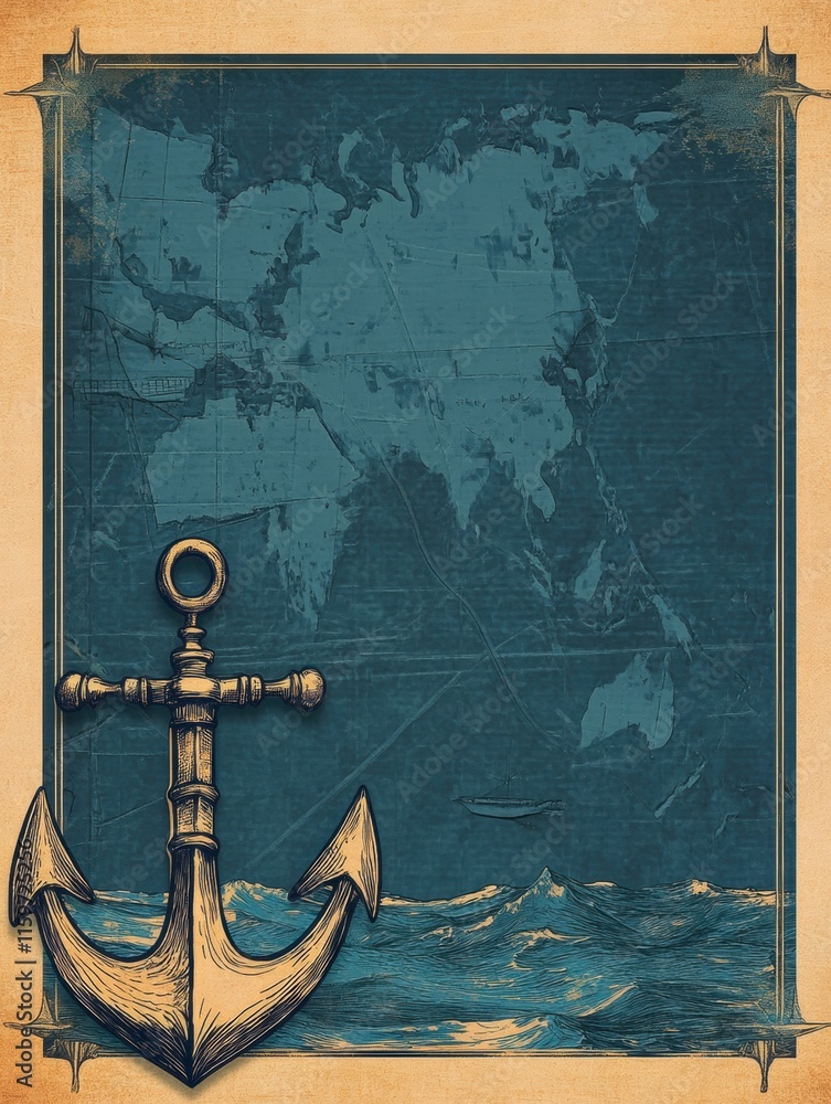 Fototapete Nautical map featuring an anchor with ample copy space for text and design elements on an antique background. Generative AI