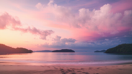 Fototapeta premium A serene beach scene at dusk, featuring soft pink and purple skies reflecting on calm waters, with gentle waves lapping at the shore.