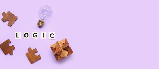 Word LOGIC, light bulb, wooden toy and jigsaw puzzle pieces on lilac background with space for text