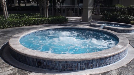 Round hot tub with blue water and tiled border, outdoors near building.