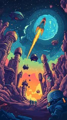 Obraz premium A vibrant sci-fi landscape with rockets, futuristic structures, and a colorful sky.