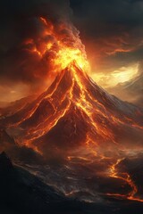 Fototapeta premium Volcanic eruption displays raw power of nature with flowing lava and glowing ash clouds against a dramatic sky