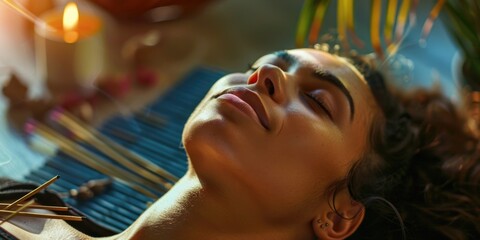 A woman relaxing with a face mask, surrounded by essential oils and spa ambiance.