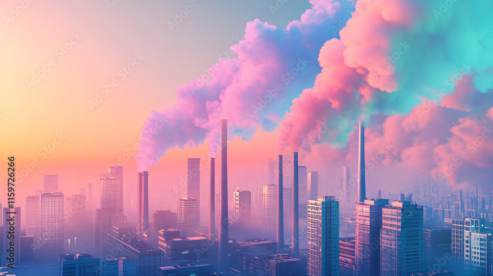 Poster a futuristic cityscape with smokestacks emitting colorful smoke, creating a vivid backdrop that symb