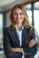 Fototapeta premium A young, confident businesswoman wearing a suit and tie in an office setting.