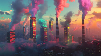Fototapeta premium A futuristic cityscape with smokestacks emitting colorful smoke, creating a vivid backdrop that symbolizes both pollution and the potential for renewable energy solutions. 