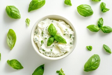Obraz premium Basil topped fresh ricotta on white background