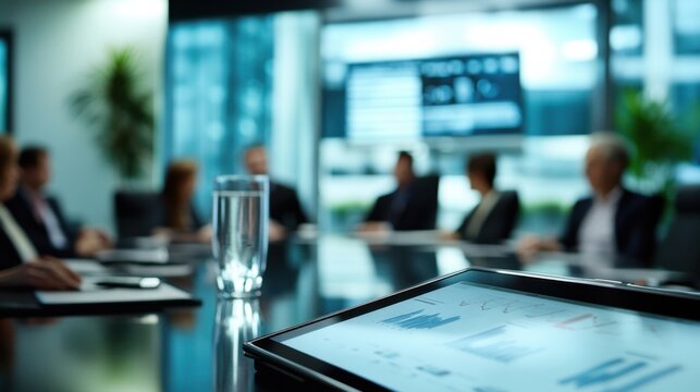 Corporate team in a modern conference environment. Featuring smart boards and digital interfaces