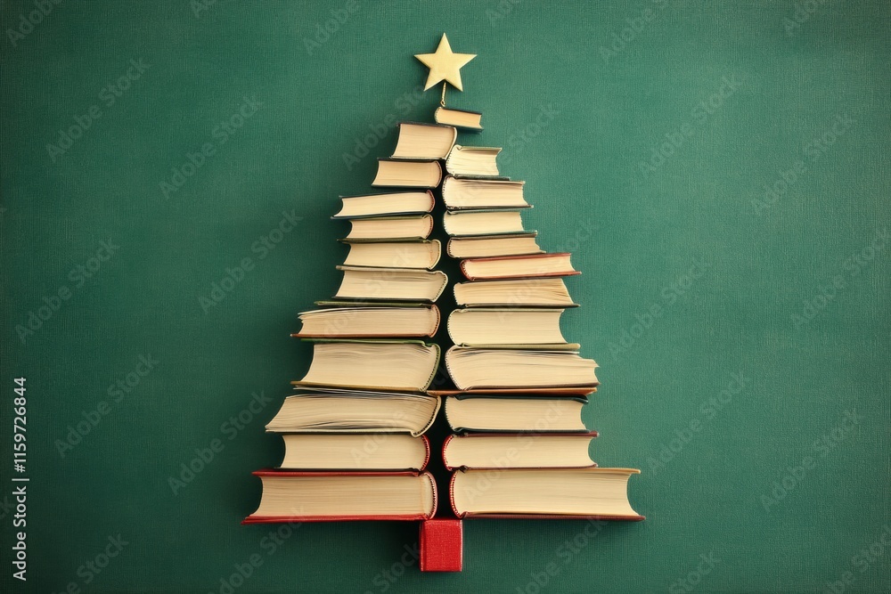 Poster creative christmas tree design made from stacked books on a vibrant green background. generative ai