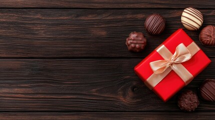 Gift box surrounded by chocolates on wooden table festive arrangement cozy atmosphere close-up view