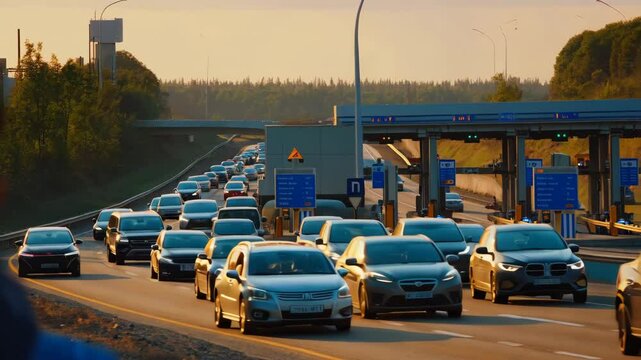 Busy highway toll booth at sunset with heavy traffic flowing through