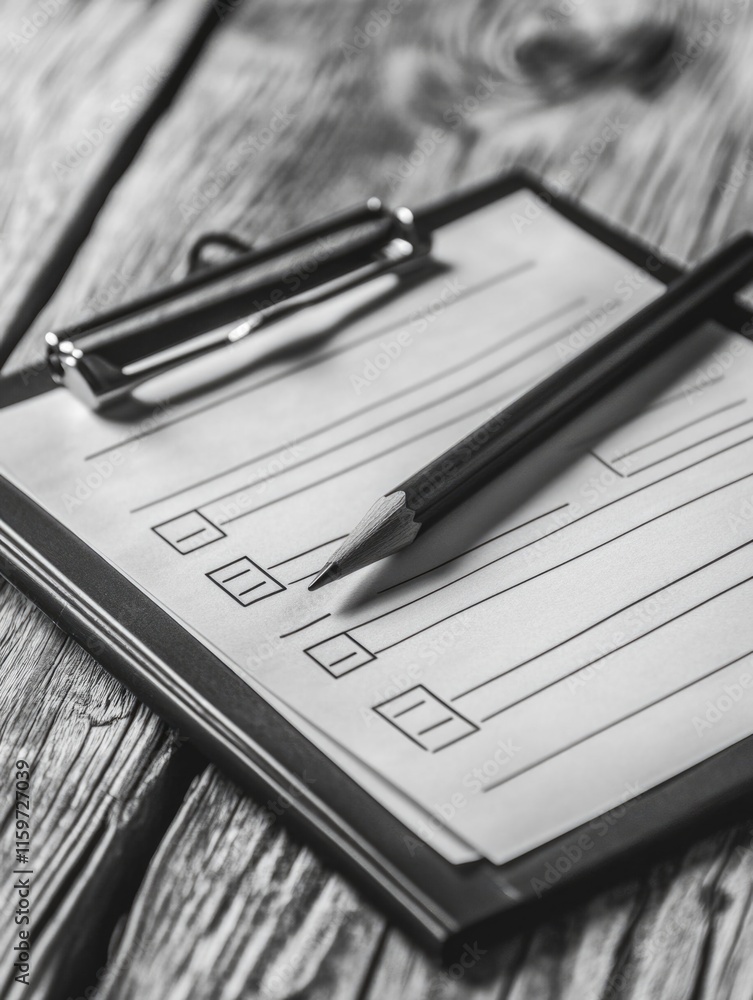 Poster clipboard with a pencil on it and a pen. the clipboard has a list of items and a check box