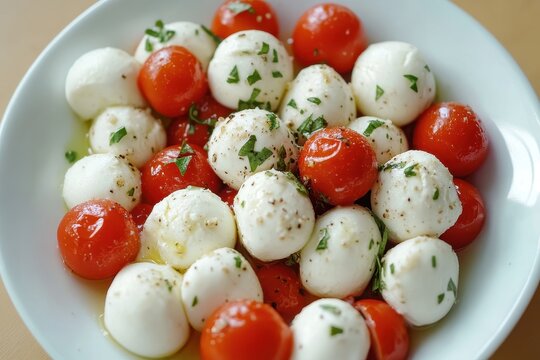 Bird s eye view of Caprese salad featuring mozzarella and cherry tomatoes