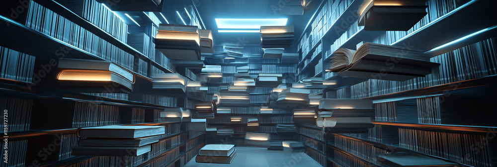 Poster a futuristic library with floating books, illuminated by soft neon lights, symbolizing the evolution