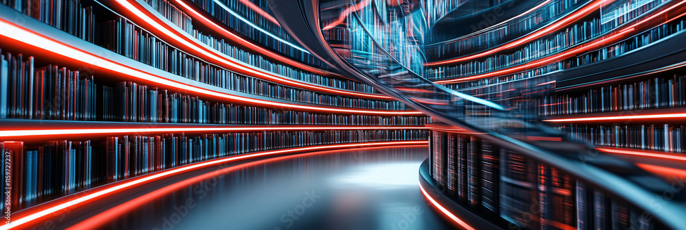 Poster a futuristic library with floating books, illuminated by soft neon lights, symbolizing the evolution