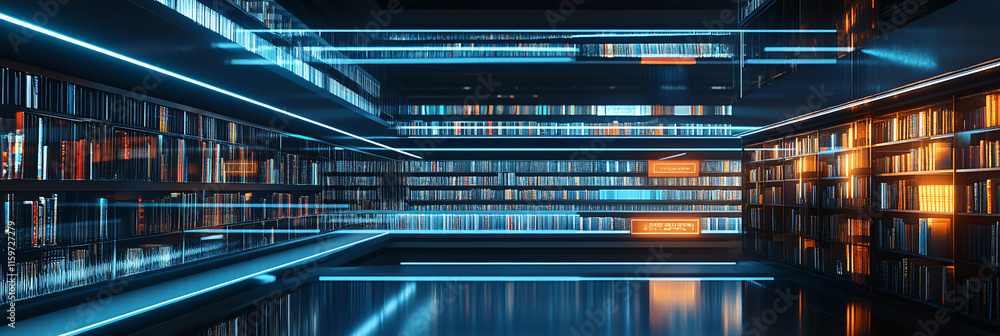 Poster a futuristic library with floating books, illuminated by soft neon lights, symbolizing the evolution