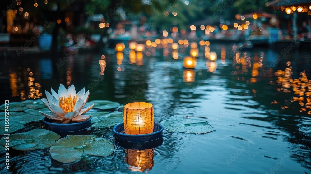 Poster a serene water scene with floating lanterns and a lily, creating a tranquil atmosphere.