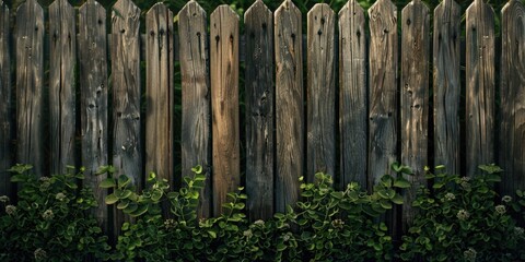 Fototapeta premium The image features a weathered wooden fence, with visible signs of age and rust, serving as an outdoor backdrop in the garden. The fence is set against greenery, suggesting a natural, outdoor setting.