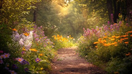 Sunlit path through vibrant wildflowers in a lush forest. (1)