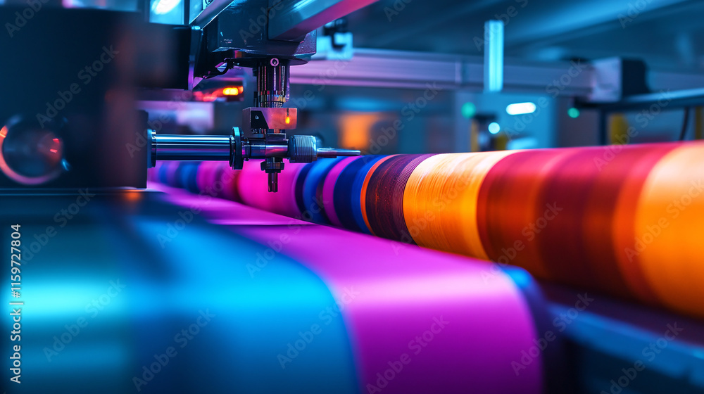 Poster a futuristic textile printing robot working with colorful fabric rolls under cool blue lighting, emp