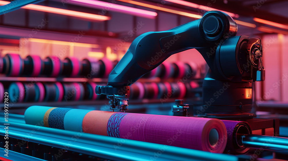 Poster A futuristic textile printing robot working with colorful fabric rolls under cool blue lighting, emphasizing automation and precision in DTF printing. 