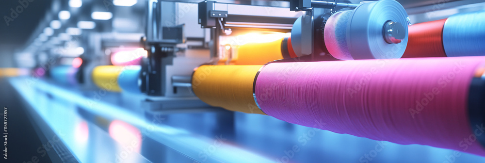 Aufkleber a futuristic textile printing robot working with colorful fabric rolls under cool blue lighting, emp