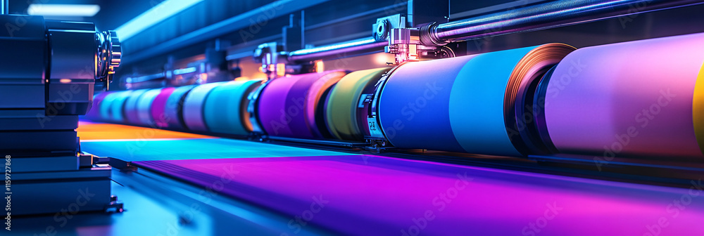 Poster A futuristic textile printing robot working with colorful fabric rolls under cool blue lighting, emphasizing automation and precision in DTF printing.  