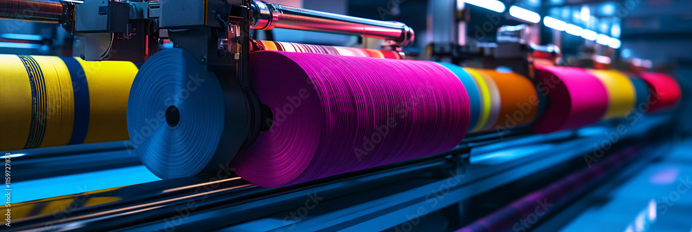 Aufkleber a futuristic textile printing robot working with colorful fabric rolls under cool blue lighting, emp