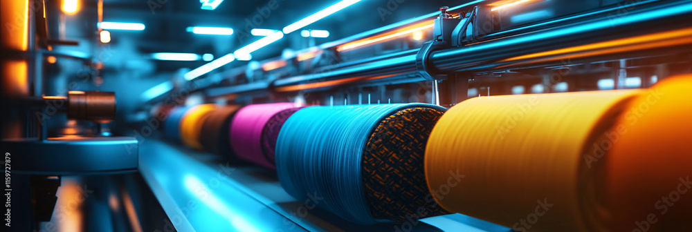 Poster a futuristic textile printing robot working with colorful fabric rolls under cool blue lighting, emp