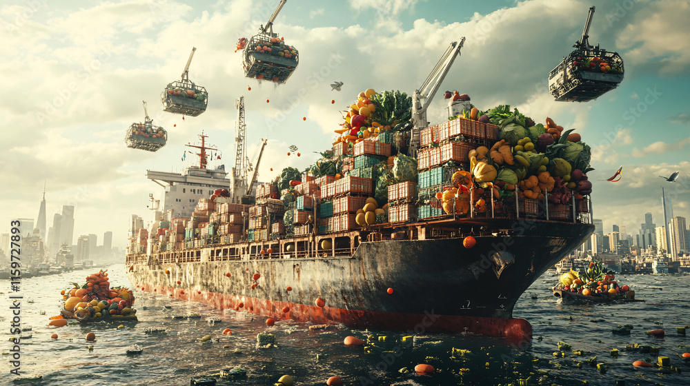 Poster a giant cargo ship with crates of vegetables and fruits being transferred via futuristic hovercrafts