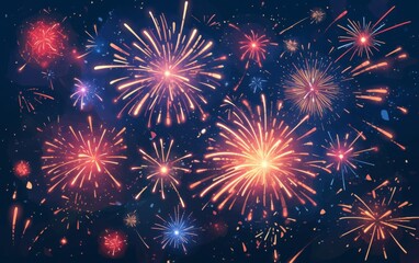 Fototapeta premium Colorful fireworks blooming in the sky on a simple and clean dark blue background. 