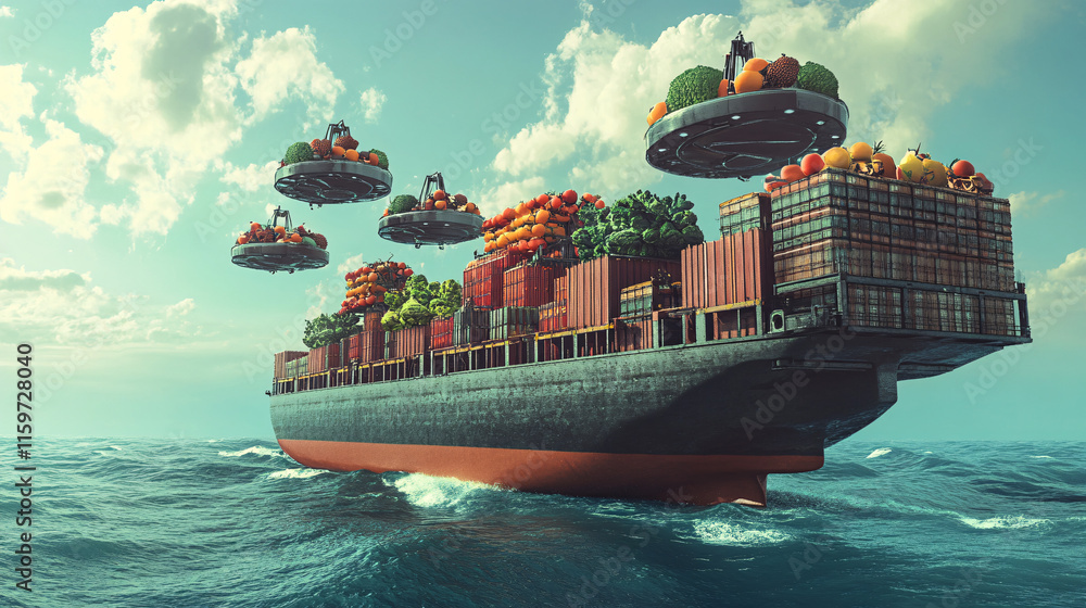 Poster a giant cargo ship with crates of vegetables and fruits being transferred via futuristic hovercrafts
