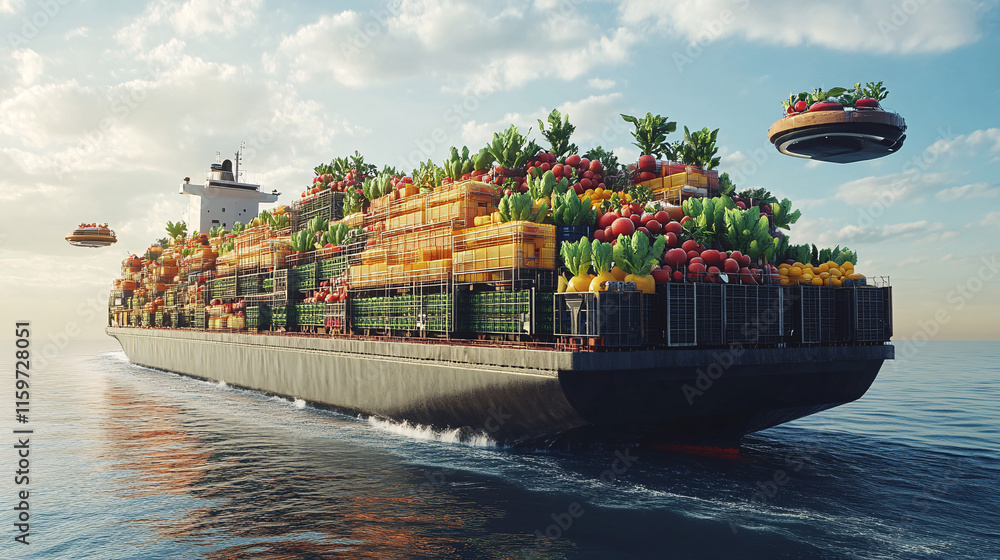 Poster a giant cargo ship with crates of vegetables and fruits being transferred via futuristic hovercrafts