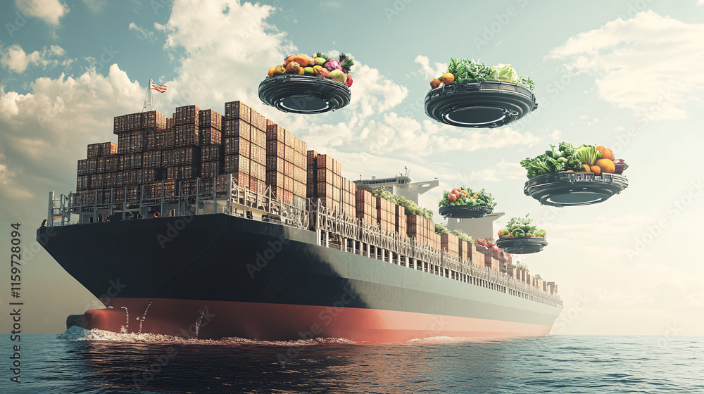 Poster a giant cargo ship with crates of vegetables and fruits being transferred via futuristic hovercrafts